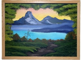 Mountain Sunset And Lake Acrylic On Canvas Painting