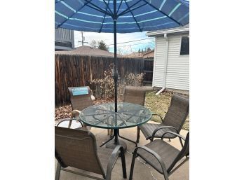 Patio Table (47in D) With Umbrella And 6 Sling Chairs