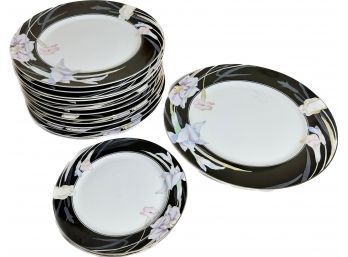 Mikasa Fine China Charisma Black Dinnner Plates (12), Dessert Plates (2), Serving Plate (1)