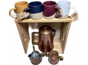 Stoneware Mugs And Copper Tea Set With Rustic Box