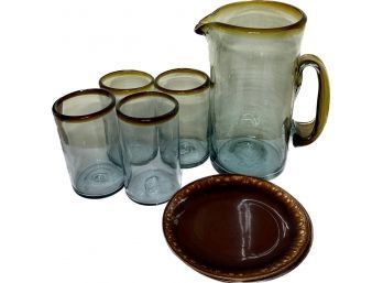 Glass Pitcher And Cups, 2 Brown Plates