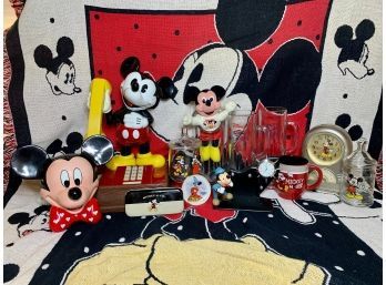 Collection Of Disney Mickey Mouse Items, Blanket, Mug, Jukebox, Decor, And More!