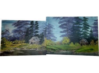 Cabin In Woods Acrylic Painting On Canvas (2)