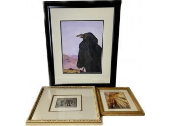 The Raven Watercolor By Anna Lee Troth, Aspen Grove Dennis Noonan, Elephant Signed Etching Jennifer Berringer