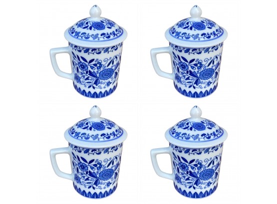 (12) Teacups With Lid, Blue And White Floral Pattern