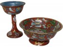Red And Blue Goblet And Bowl With Pink Floral Design