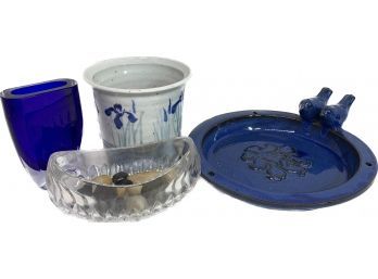 Clay Bird Water Tray, Clay Blue Floral Pot, Glass Dish With Rocks, And William Marsh Rice Society Glass Vase
