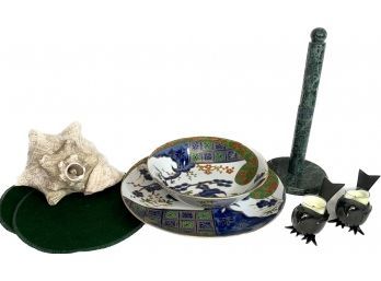 Bloomingdales Japan Kutani Brocade Bowl And Plate, Stone Paper Towel Holder, Sea Shell, And More Decor