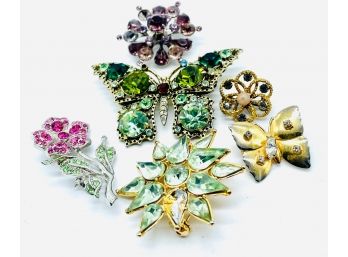 Estate Jewelry Brooch Collection, Gemstones, Butterflies, Flowers, And Starbursts