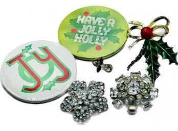 Holiday Magnets, Snowflake Brooches, Holly Brooch, Angel Lapel Pin, Silvertones And Goldtones