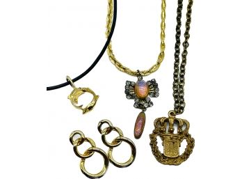 Vintage Jewelry-pierced Earrings, Pendants, Goldtone & Leather Chains - Dolphin, Crown &  Gemstone Pendants