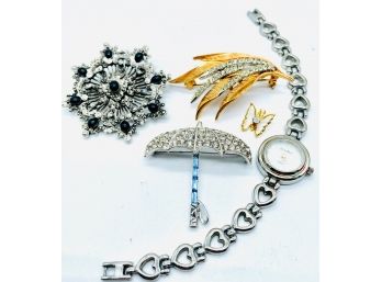 Jaclyn Smith Watch, Brooches-umbrella, Copper Color/rhinestone, Silvertone/black Gemstones, Butterfly Pendant