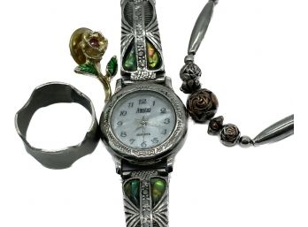 Vintage Ornate Watch With Gemstones, Amstar, Untested. Rose Lapel Pin, Silvertone Rose Bracelet, Pewter Ring