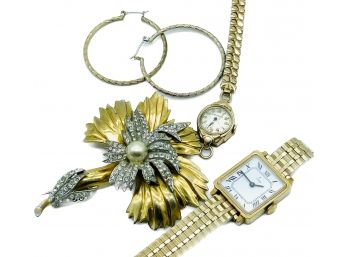 Antique Estate Jewelry. Watches Untested. 10 K, Bulova, Timex. Goldtone, Goldtone Brooch & Earring Hoops