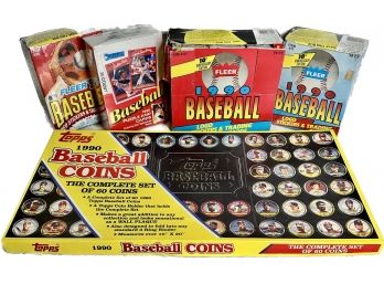 4 BOXES - 1990 Baseball Cards & Coins, 1991 Baseball Logo Stickers & Trading Cards