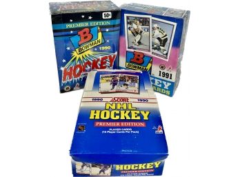 3 BOXES - 1990 Score NHL Hockey Premier Edition Player Cards, 1991 Bowman Hockey Picture Cards And More