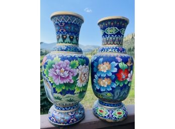 Lovely Pair Of Cloisonne Floral Vases- 16in Tall