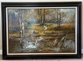 Original Oil Painting, Ducks In The Forest, Artist Ballard (Approx. 43in X 31in With Frame)