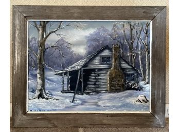 Original Oil Painting By Maphajean White, Log Cabin Winter Scene, Approx. 29in X 23in With Frame