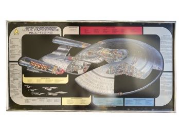 Large, Framed Diagram Of U.S.S. Enterprise From Star Trek The Next Generation 49 X 26 Inches