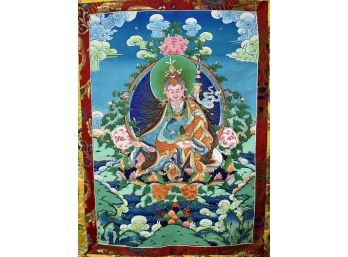 Guru Padmasambhava Hand Painted Thangka, Some Visible Wear From Being Rolled (32in X 53in)