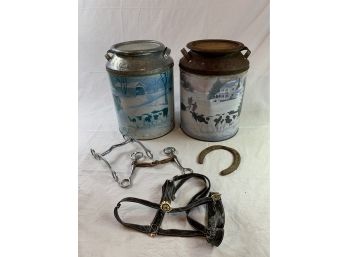 Adorable Houston Harvest Dairy Metal Jugs And Horse Equipment