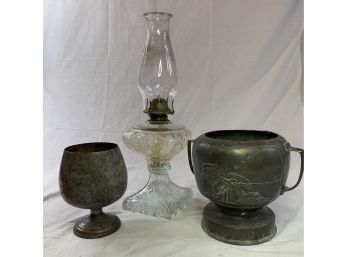 Vintage Glass Oil Lamp And Fabulous Metal Urns