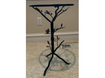 Fabulous Small Table With Birds And Leaves On The Base, Wrought Iron And Glass (y)