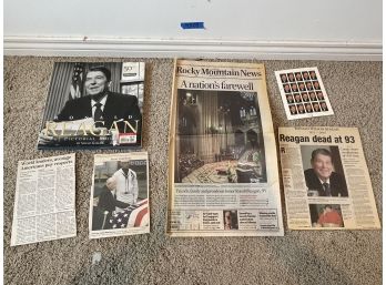 Collections Of Ronald Reagan Memorabilia, Book, Newspaper Clippings, Stamps