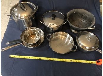 Maitre Chef Steel And Continental Cuisine Pots And Pans. Lids Included For 3. (R)