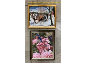 Colorful Artwork, Birds & Flowers, Winter Scene With Horses, Framed (y)