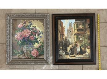 Beautiful Flowers & Vase In Beautiful Frame, Man Giving Woman Flowers Artwork, Initialed By Artist (y)