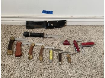 Lot Of Assorted Knives, Pocket Knives, Bowie Knife, Swiss Army Knives