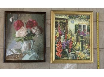 Red & Pink Flowers In Beautiful Pitcher, Flower Garden & Water Pitcher, Framed, Not Signed