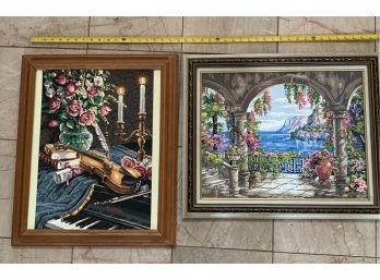 Artwork, Violin & Piano, Beautiful Villa & Seashore Scene, Not Signed, Framed (y)