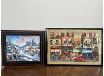 Lot Of Two Vibrant Paintings, Snow Covered Town At Christmas And Parisian Street, Unstamped