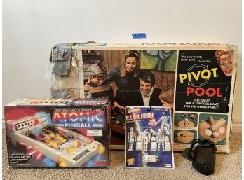 Lot Of Retro Games And Toys, Pivot Pool, Atomic Pinball, Star Force Action Figures, Marbles