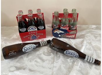 Lot Of Retro Coca Cola And Coors Light Commemorative Sports Bottles, Rockies And Broncos