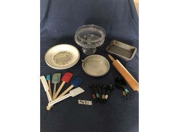 Lot Of Baking Equipment Pie Tins, Cake Stand, Utensils(spatulas, Measuring Cups), Rolling Pin. (R)