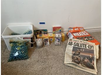 Lot Of Miscellaneous Sports Memorabilia, Trading Cards, Broncos Superbowl Newspaper, Paintballs