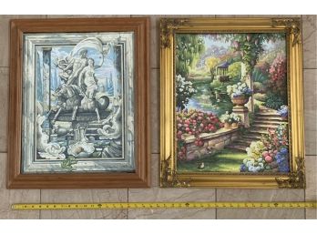 Statues And Cute Frog Artwork, Beautiful Garden Scene & Gazebo Artwork, Framed (y)