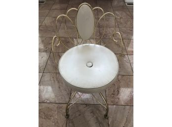 Unique Vanity Chair With White Leather Cushion And Gold Accent Color. (R)