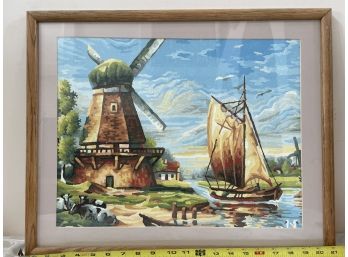 River Windmill Painting, Unsigned, Beautiful Colors