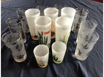 Lot Of Glass Cups With Plant/leaf Designs. Two Shot Glasses. (R)