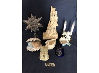 Lot Of Decor. Statue Of People, Mermaid Statues, Bell, Star Tree-topper, Plastic Candles. (R)