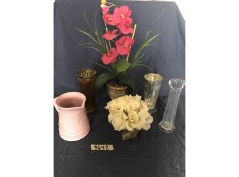 Lot Of Orchid And Rose Decor, Vases, And Decorative Water Pitcher. (R)