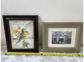 Lot Of Two Paintings, Blue Naped Chlorophonia Bird Illustration And European Cafe