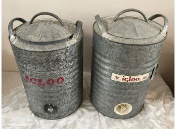 Lot Of Two 5 Gallon Vintage Igloo Drink Dispensers, Metal Exterior