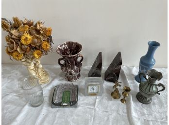 Collection Of Bookshelf Decor, Bookends, Vases, Clock, Mile High Replica