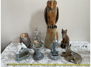 Lot Of Animal Themed Garden Statues And Wooden Owl Statue